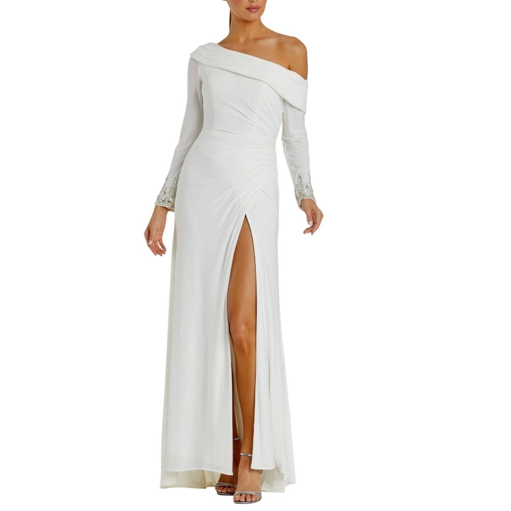 MAC DUGGAL Formal Gown White One Shoulder Ruched Embellished Sleeve Size 6